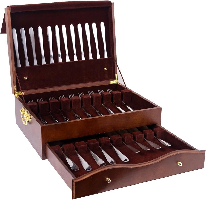DigNew Silverware Storage Box,2 Layers Wooden Silverware Chest with Drawer,Silverware Case with Handle and Felt Lined,15.35" x 11.41" Flatware and Utensil Organizer for Kitchen,Black(Flatware Not Included) - Image 1